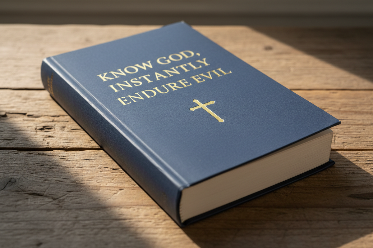 Paperback book titled Know God Instantly Endure Evil — a faith-based study Bible with over 2000 carefully chosen verses to fast-track your knowledge of God, coming soon from Christian Wall Crosses