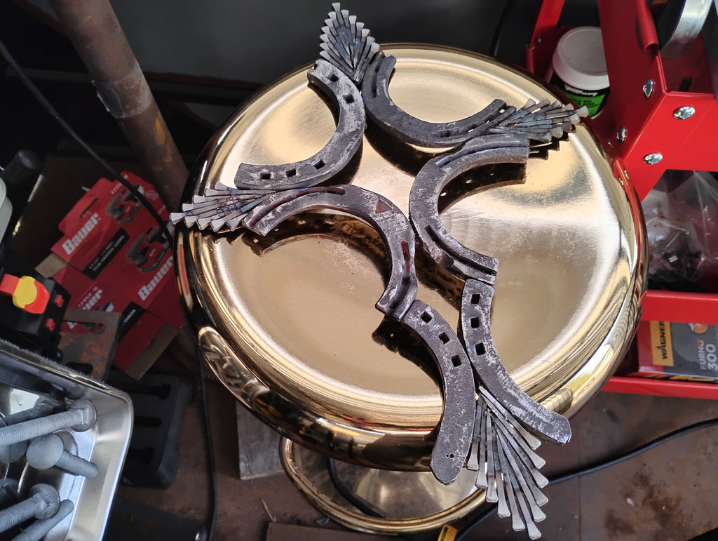 Handmade horseshoe cross with nail accents on gold plate - rustic Western Christian wall art
