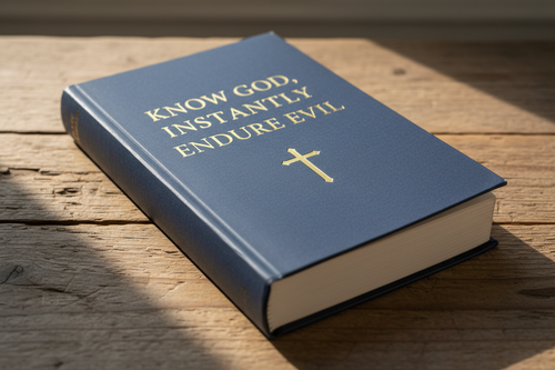 Mockup of Know God, Endure Evil — a Christian study Bible with over 2,000 curated Bible verses to fast-track your knowledge of God's glory, coming soon from Christian Wall Crosses